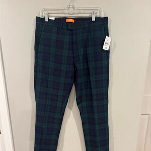 NEW Joe Fresh Plaid Pants Men 32x32 Green Blue Tartan Plaid Wool Skinny Leg